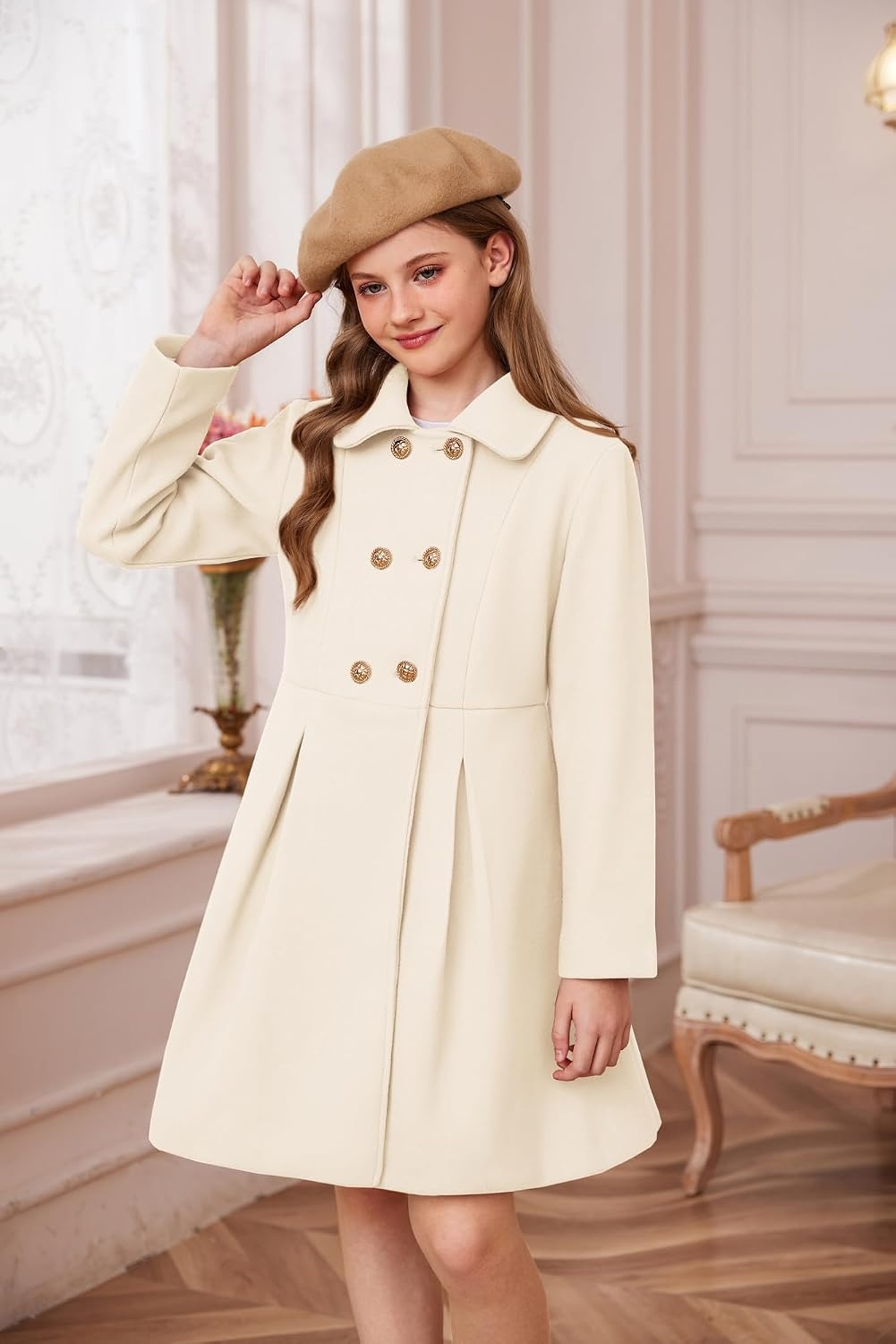 image:imageGRACE KARIN Girls Dress Coat Wool Peacoat with Lapel Pockets Winter Warm Long Jacket for Kids Size 614White