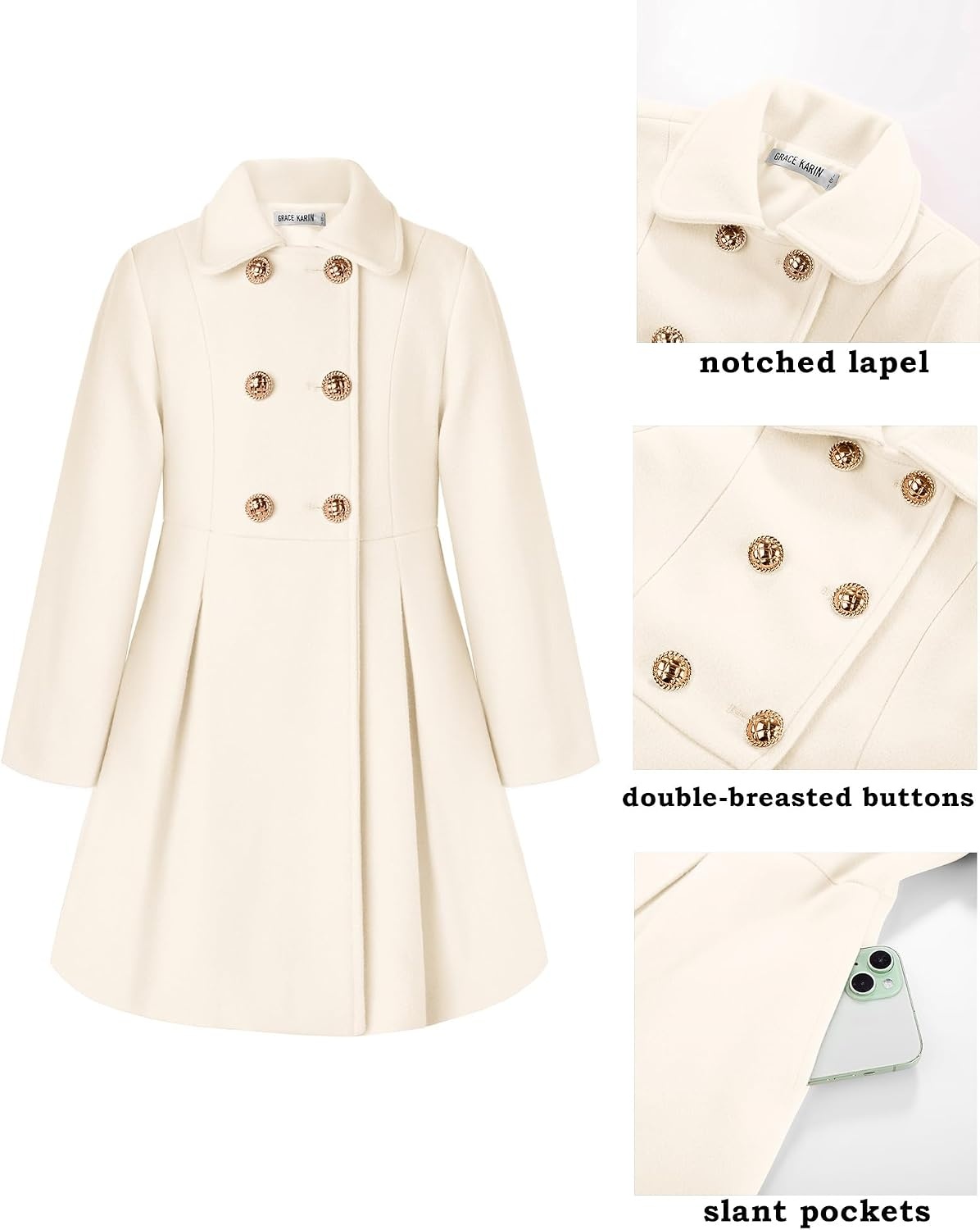 image:imageGRACE KARIN Girls Dress Coat Wool Peacoat with Lapel Pockets Winter Warm Long Jacket for Kids Size 614White