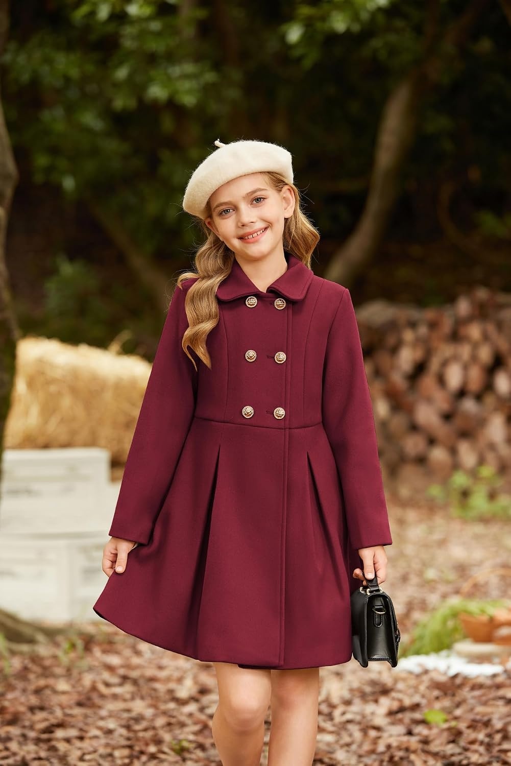 image:imageGRACE KARIN Girls Dress Coat Wool Peacoat with Lapel Pockets Winter Warm Long Jacket for Kids Size 614Wine Red