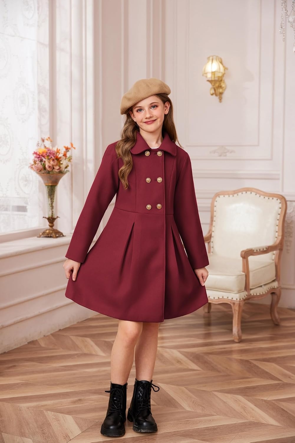 image:imageGRACE KARIN Girls Dress Coat Wool Peacoat with Lapel Pockets Winter Warm Long Jacket for Kids Size 614Wine Red
