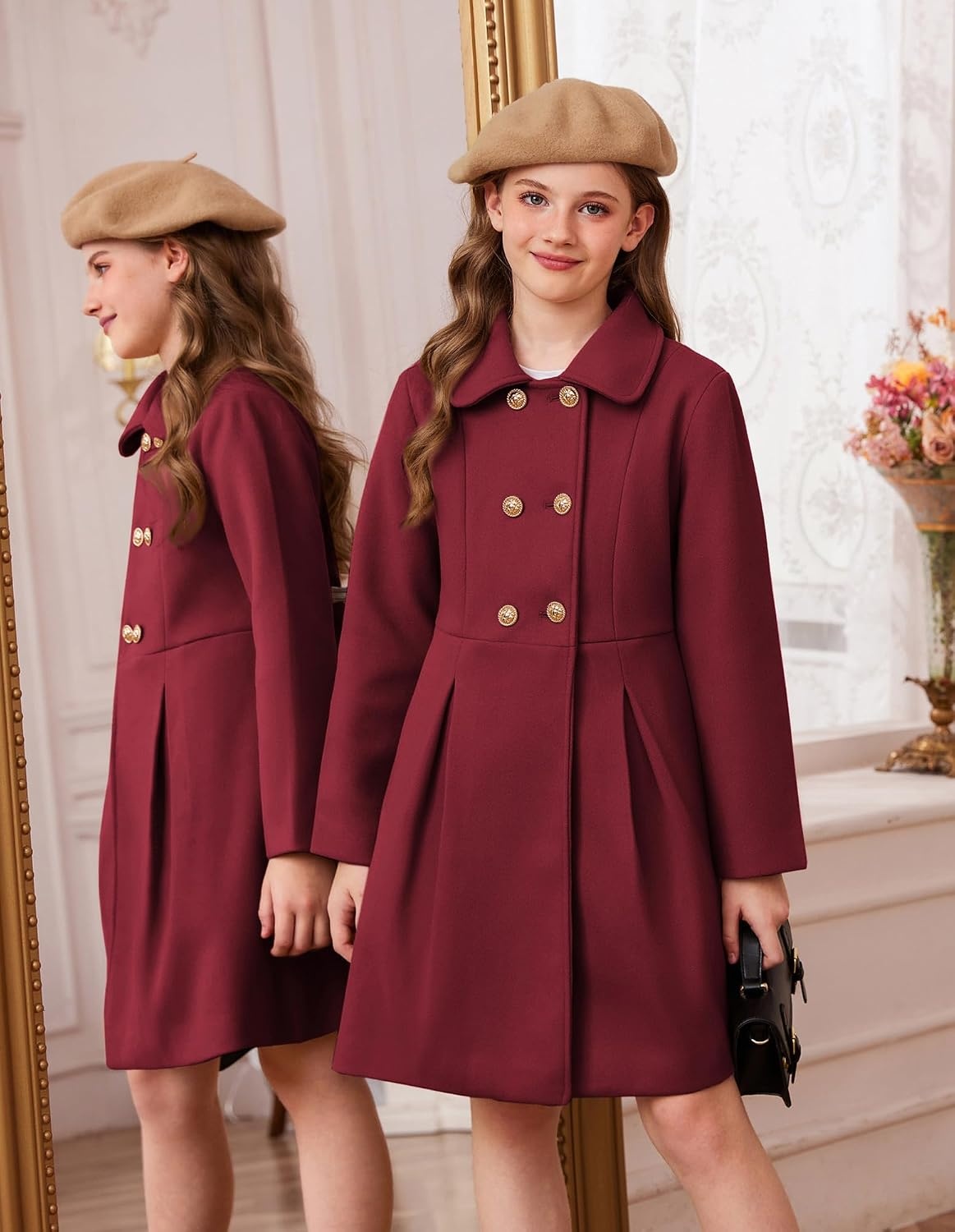 image:imageGRACE KARIN Girls Dress Coat Wool Peacoat with Lapel Pockets Winter Warm Long Jacket for Kids Size 614Wine Red