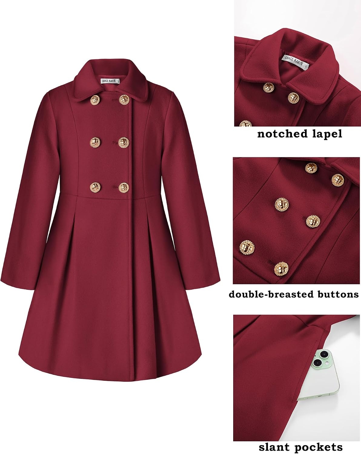 image:imageGRACE KARIN Girls Dress Coat Wool Peacoat with Lapel Pockets Winter Warm Long Jacket for Kids Size 614Wine Red