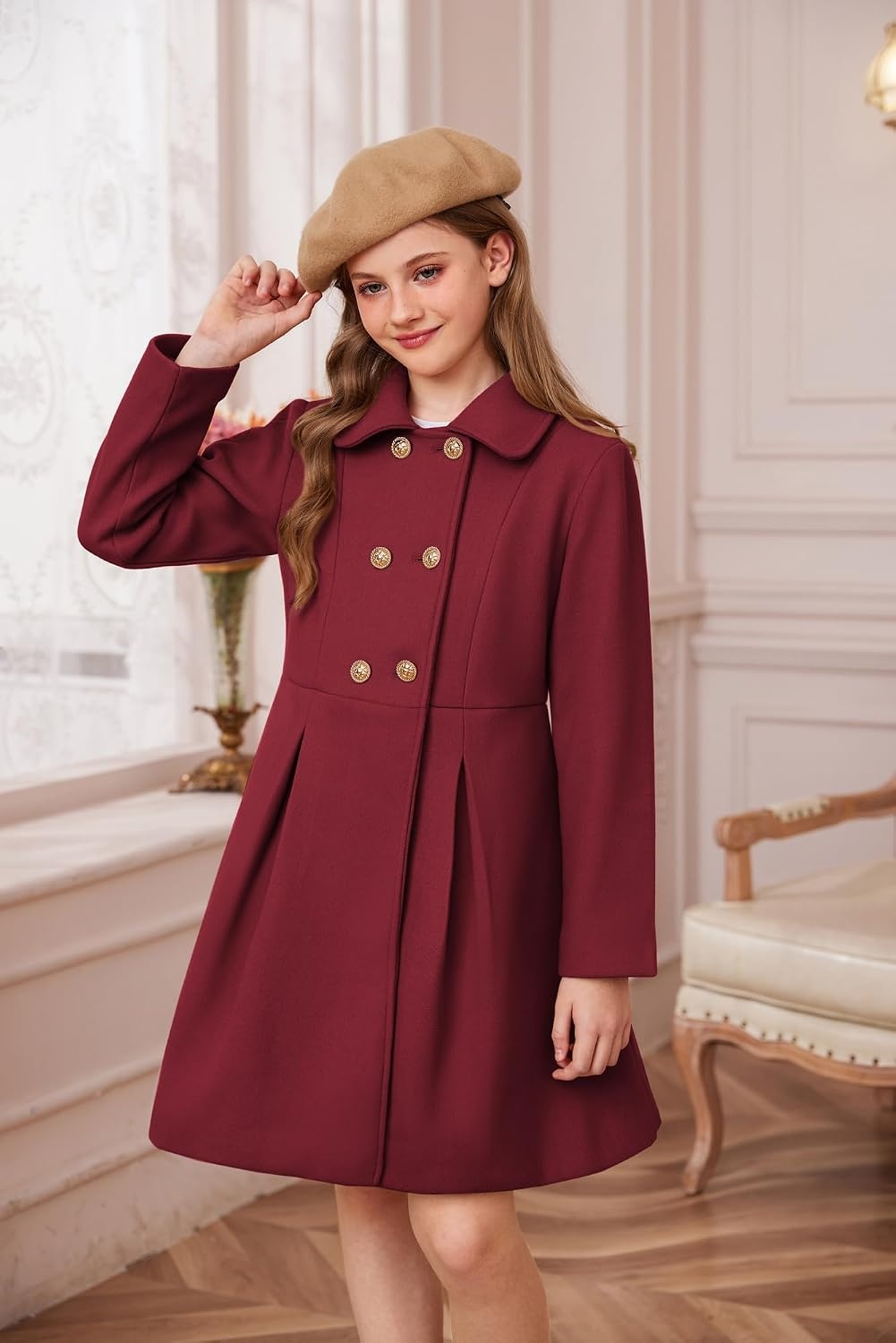 image:imageGRACE KARIN Girls Dress Coat Wool Peacoat with Lapel Pockets Winter Warm Long Jacket for Kids Size 614Wine Red