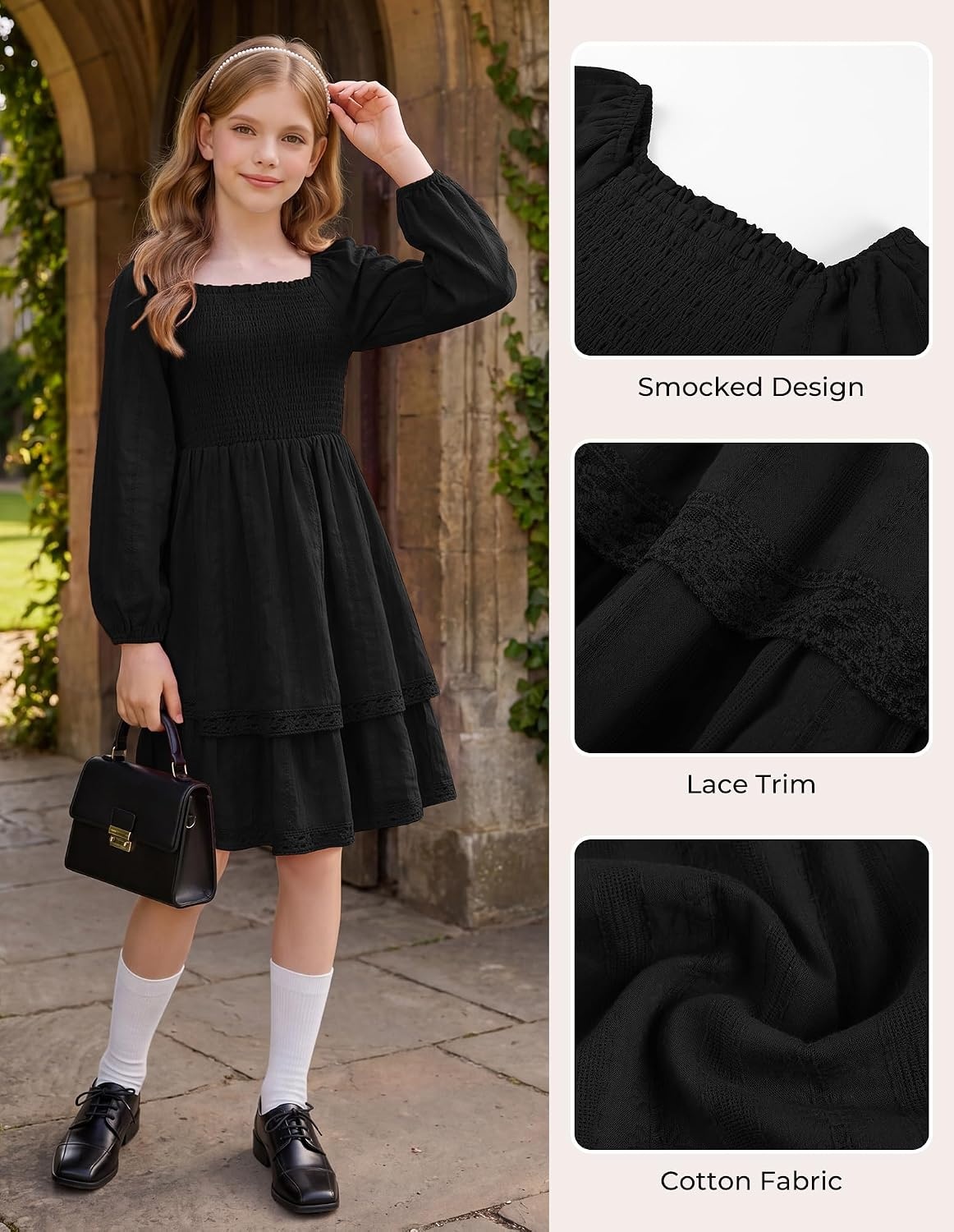 image:imageGRACE KARIN Girls Fall Cotton Dress Long Sleeve Smocked Dresses for 714YBlack
