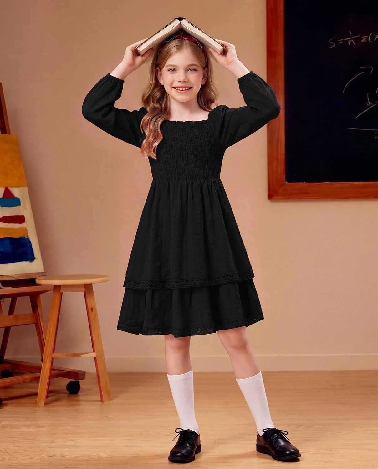 image:imageGRACE KARIN Girls Fall Cotton Dress Long Sleeve Smocked Dresses for 714YBlack