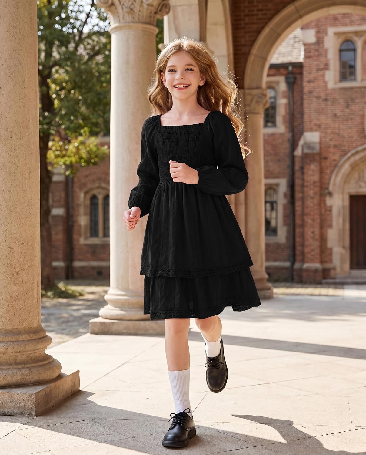 image:imageGRACE KARIN Girls Fall Cotton Dress Long Sleeve Smocked Dresses for 714YBlack