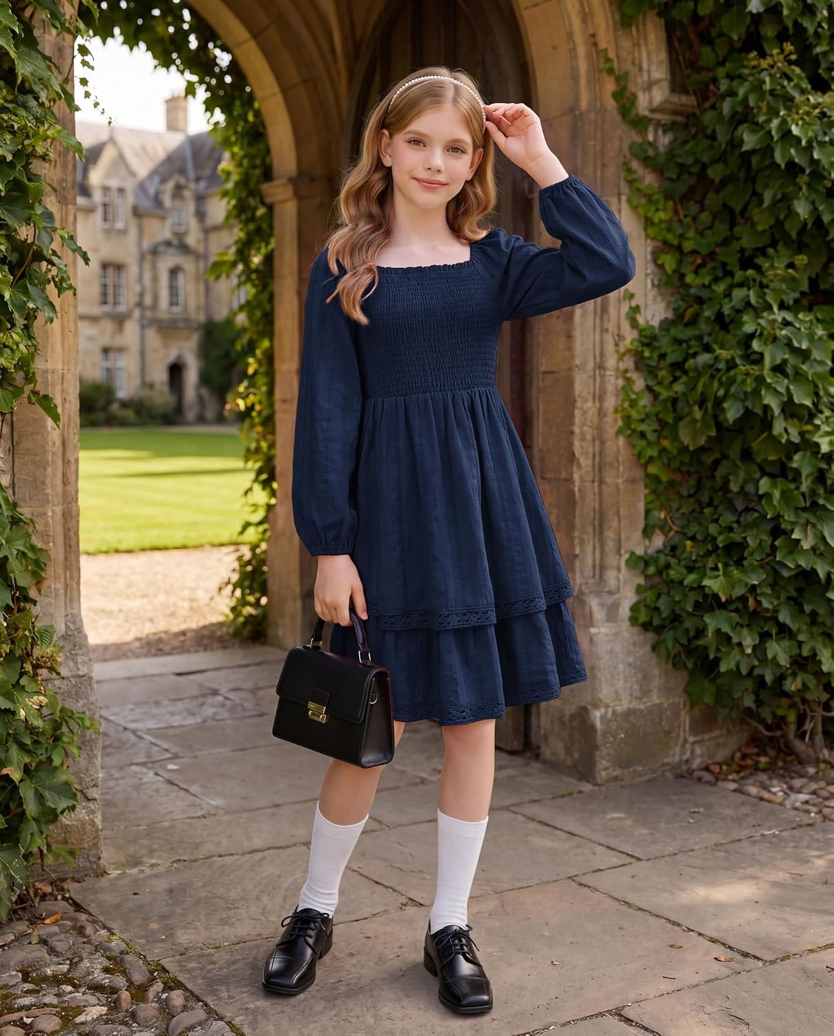 image:imageGRACE KARIN Girls Fall Cotton Dress Long Sleeve Smocked Dresses for 714YDark Blue