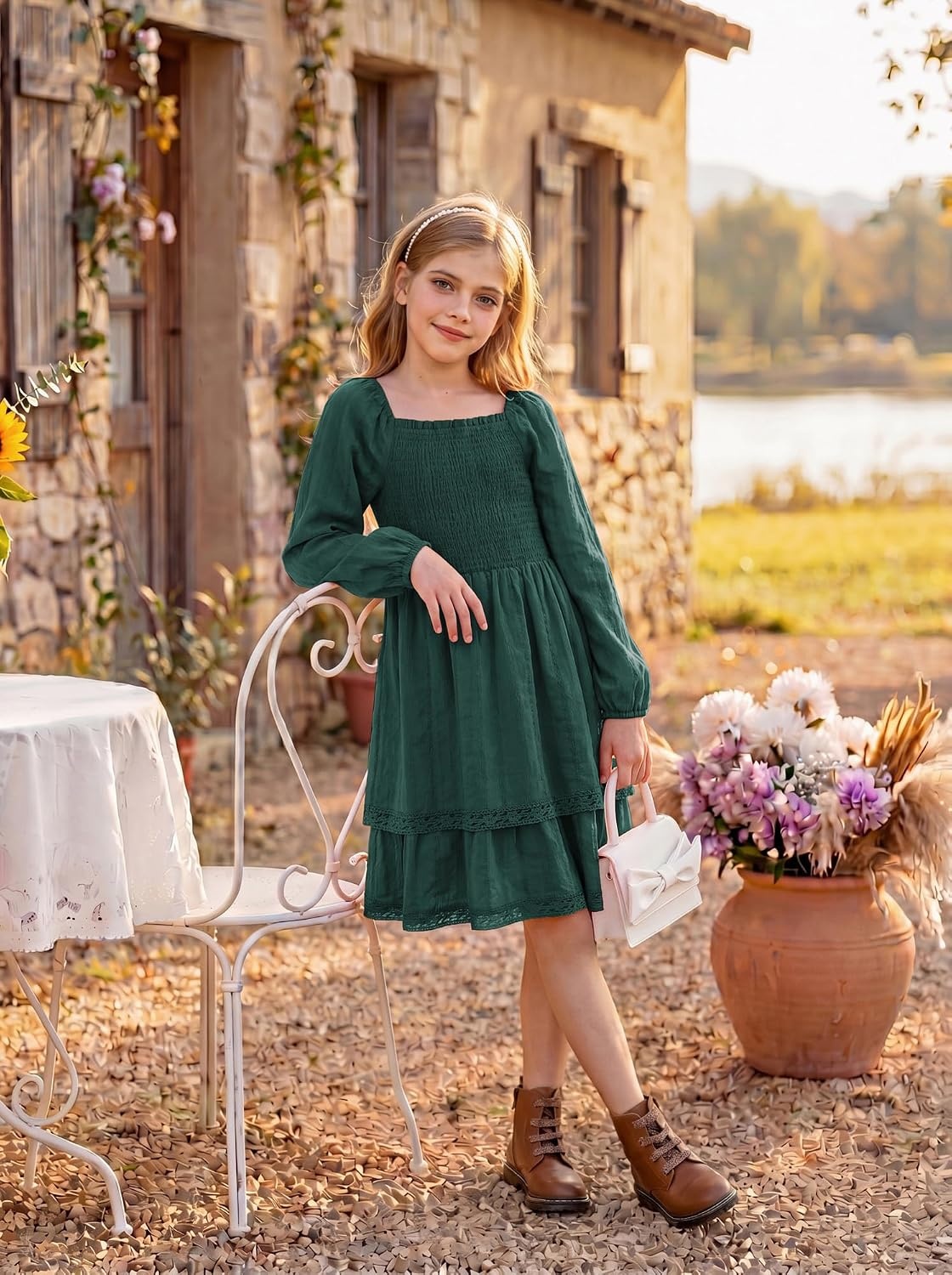 image:imageGRACE KARIN Girls Fall Cotton Dress Long Sleeve Smocked Dresses for 714YDark Green