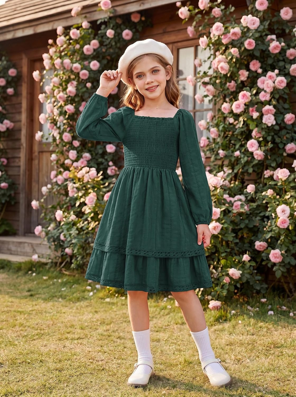 image:imageGRACE KARIN Girls Fall Cotton Dress Long Sleeve Smocked Dresses for 714YDark Green