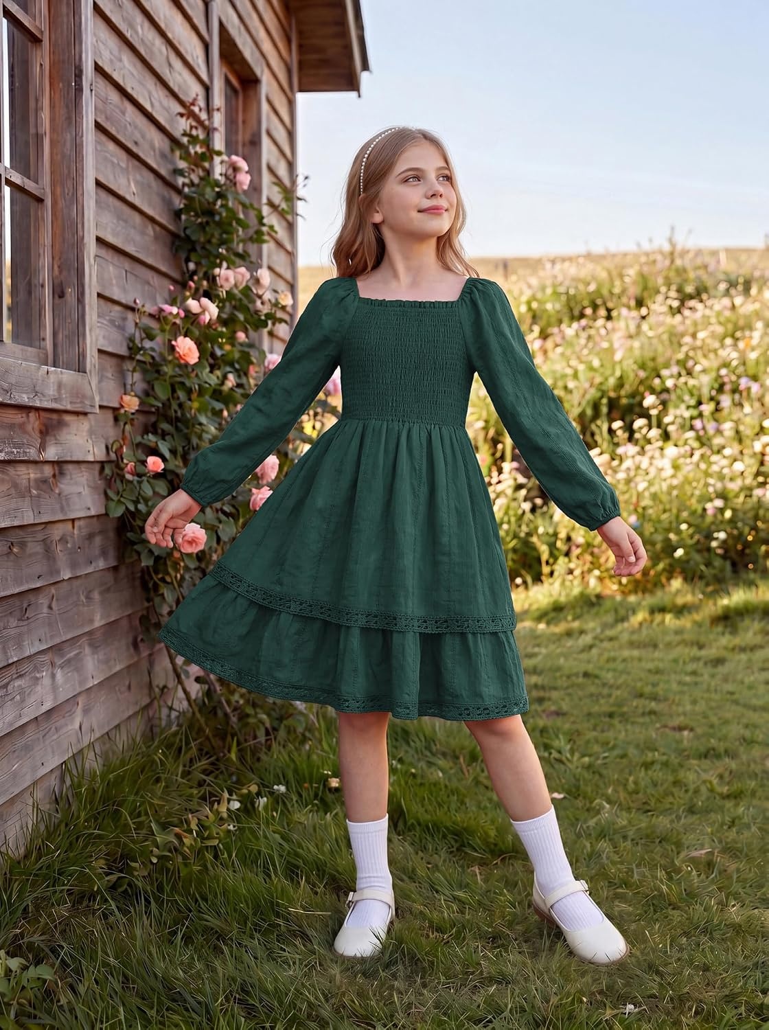 image:imageGRACE KARIN Girls Fall Cotton Dress Long Sleeve Smocked Dresses for 714YDark Green