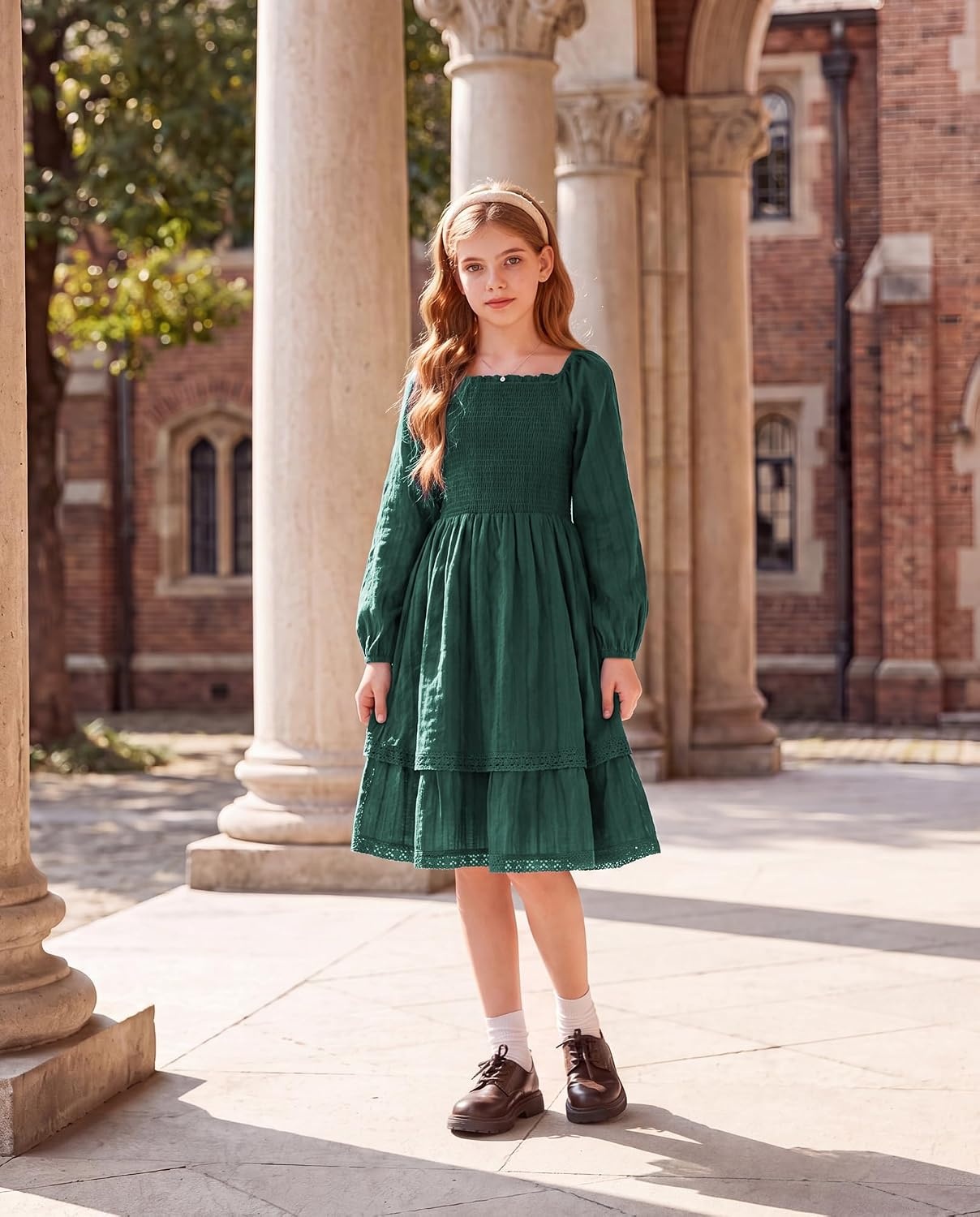 image:imageGRACE KARIN Girls Fall Cotton Dress Long Sleeve Smocked Dresses for 714YDark Green