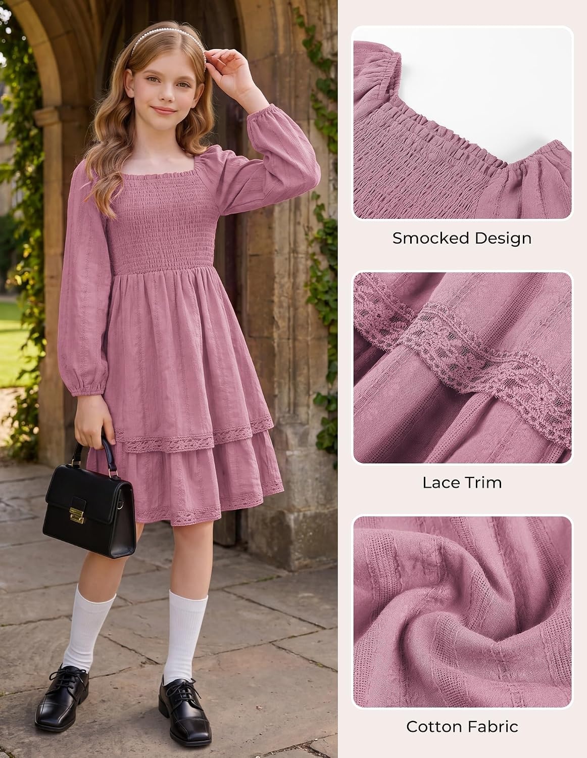 image:imageGRACE KARIN Girls Fall Cotton Dress Long Sleeve Smocked Dresses for 714YPink
