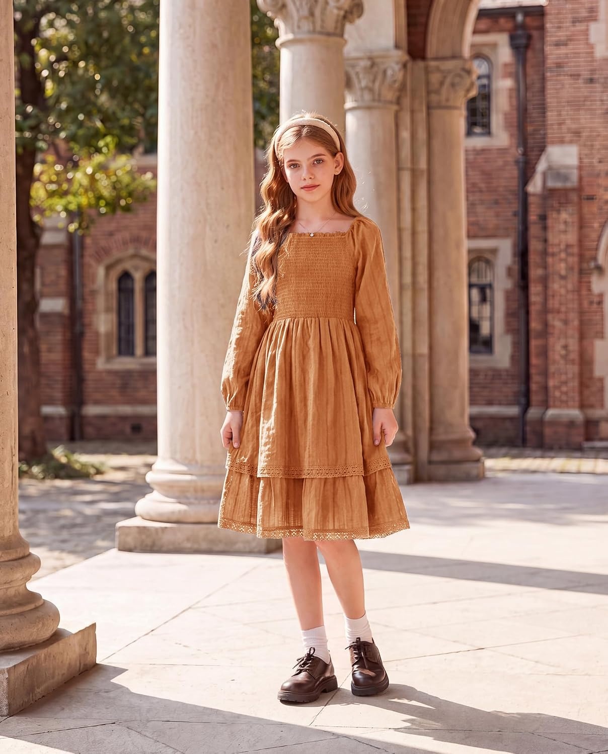 image:imageGRACE KARIN Girls Fall Cotton Dress Long Sleeve Smocked Dresses for 714YPumpkin Orange