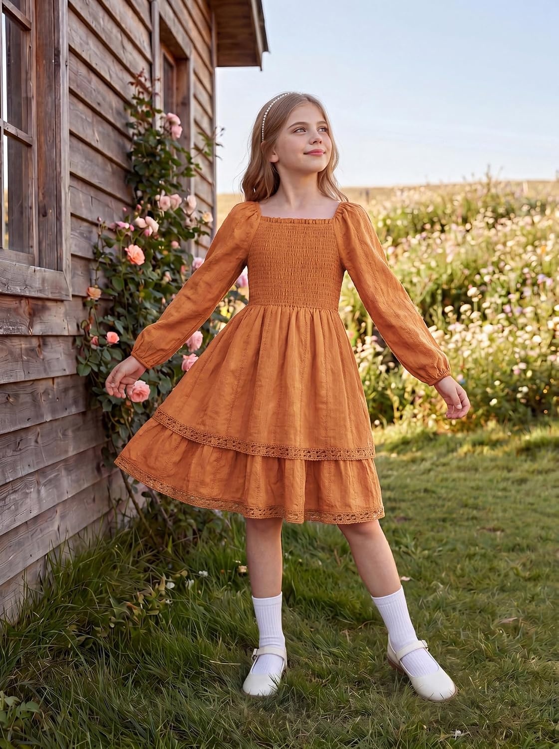 image:imageGRACE KARIN Girls Fall Cotton Dress Long Sleeve Smocked Dresses for 714YPumpkin Orange