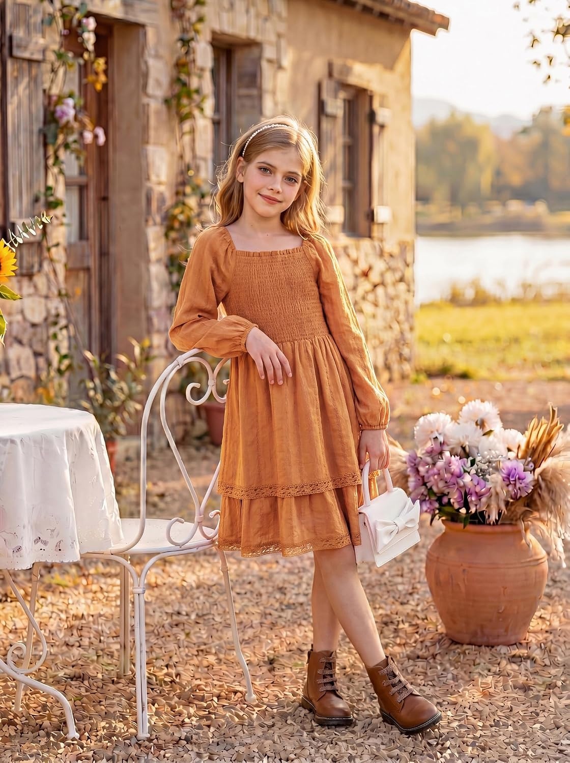 image:imageGRACE KARIN Girls Fall Cotton Dress Long Sleeve Smocked Dresses for 714YPumpkin Orange