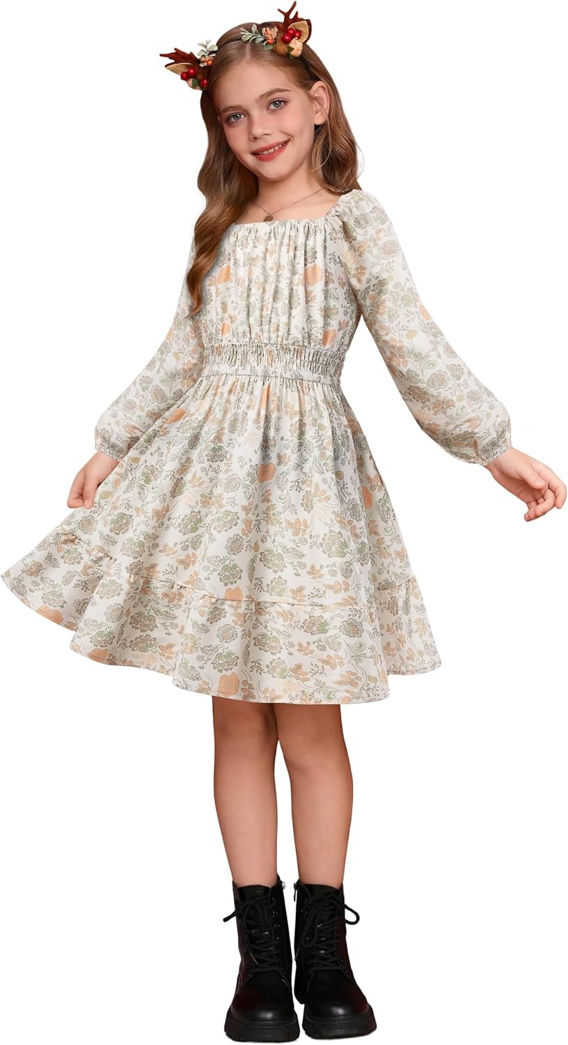 image:imageGRACE KARIN Girls Fall Dress Floral Long Sleeve Midi Smocked Waist HolidayAmber Apricot