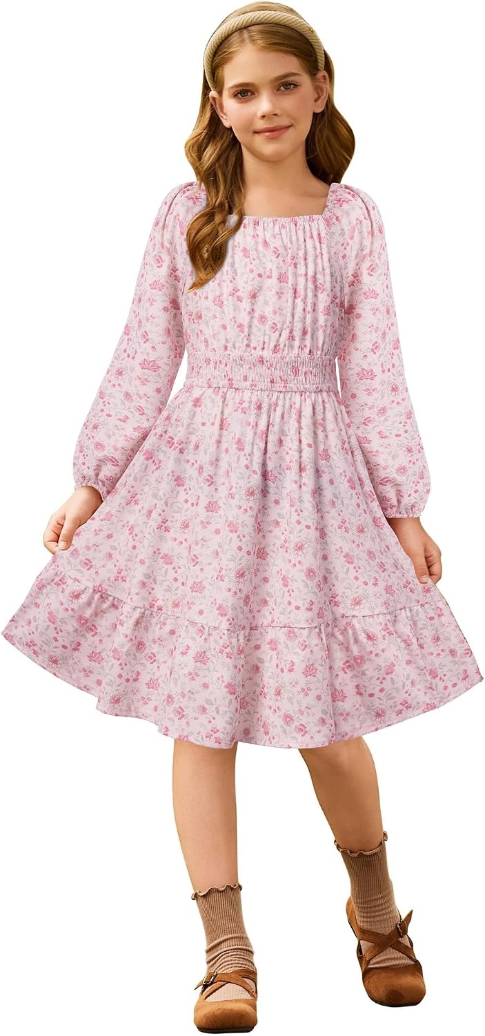 image:imageGRACE KARIN Girls Fall Dress Floral Long Sleeve Midi Smocked Waist HolidayBlush Bloom