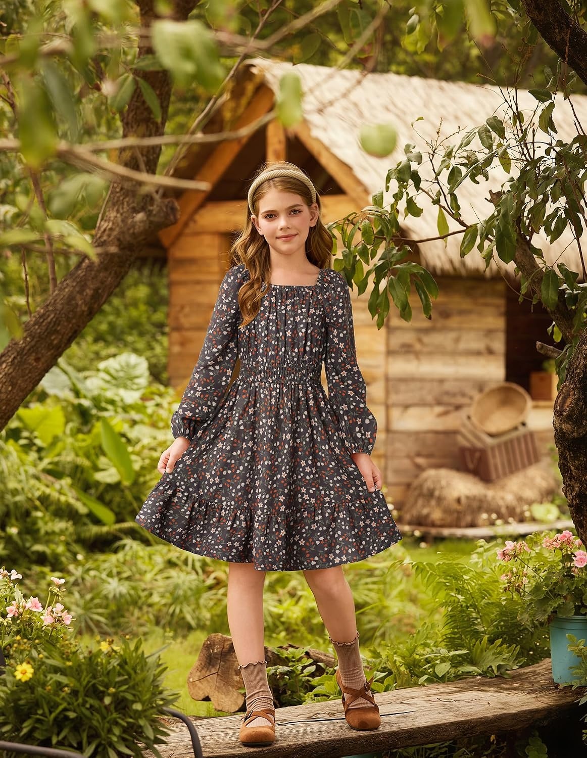 image:imageGRACE KARIN Girls Fall Dress Floral Long Sleeve Midi Smocked Waist HolidayBrown