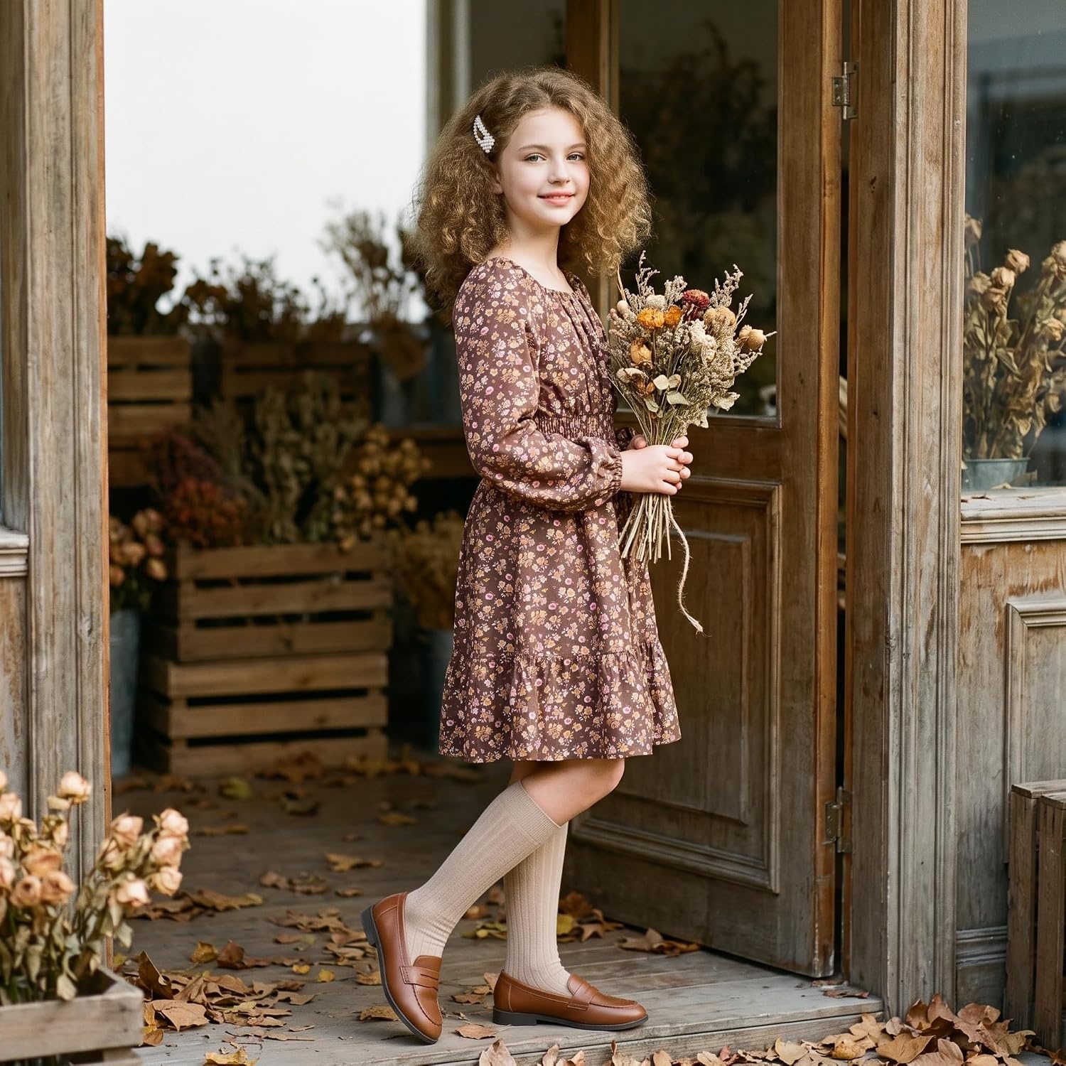 image:imageGRACE KARIN Girls Fall Dress Floral Long Sleeve Midi Smocked Waist HolidayBrown Pink Floral