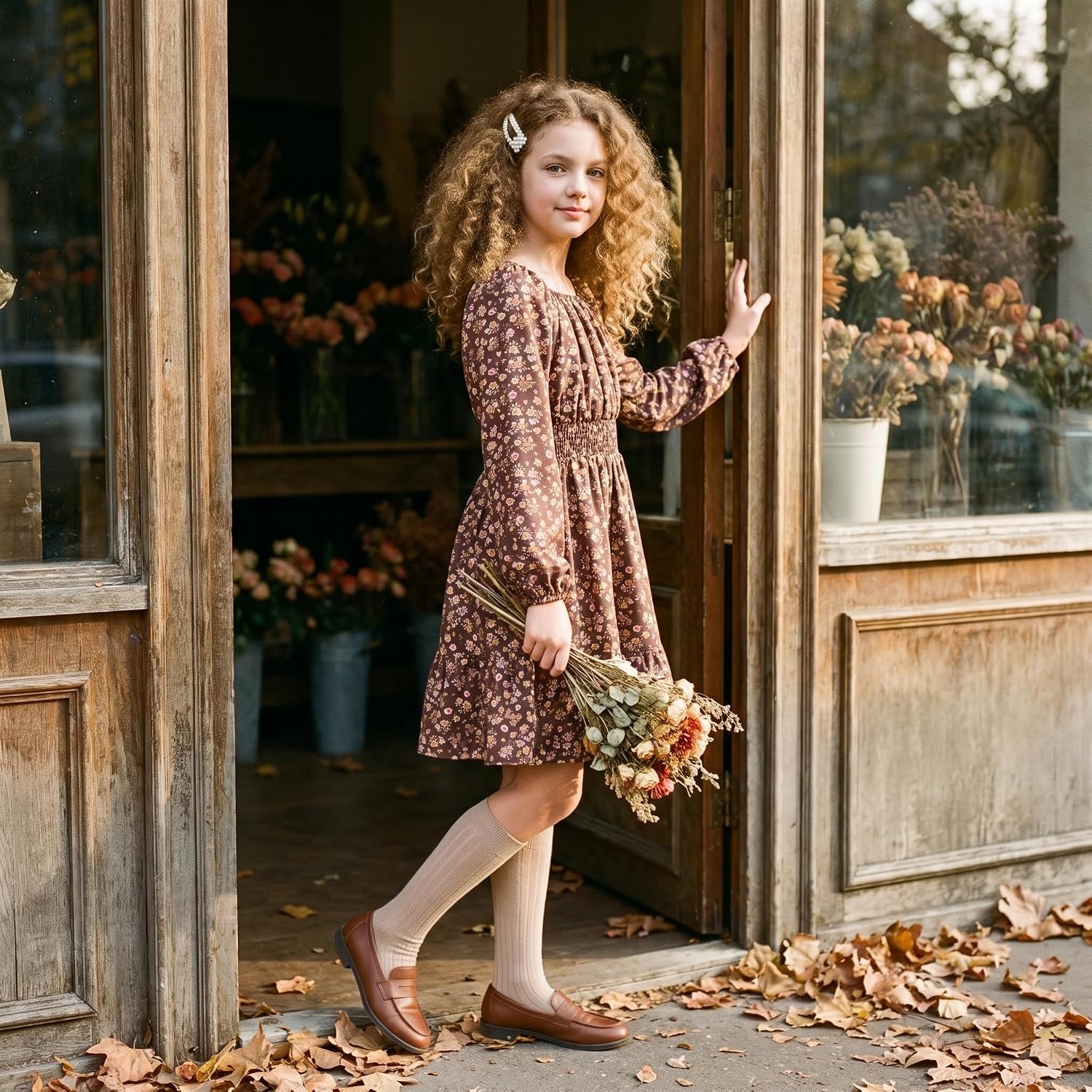 image:imageGRACE KARIN Girls Fall Dress Floral Long Sleeve Midi Smocked Waist HolidayBrown Pink Floral
