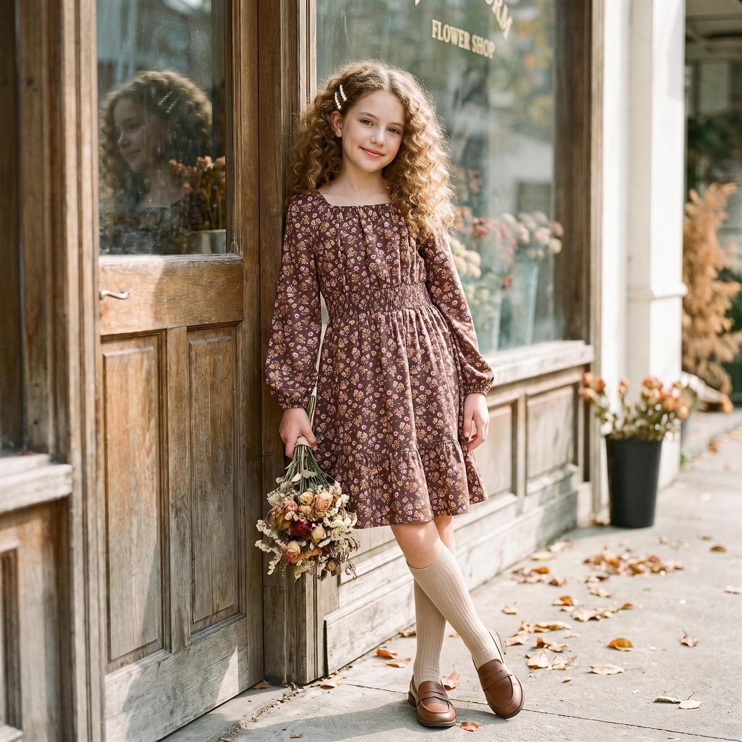 image:imageGRACE KARIN Girls Fall Dress Floral Long Sleeve Midi Smocked Waist HolidayBrown Pink Floral