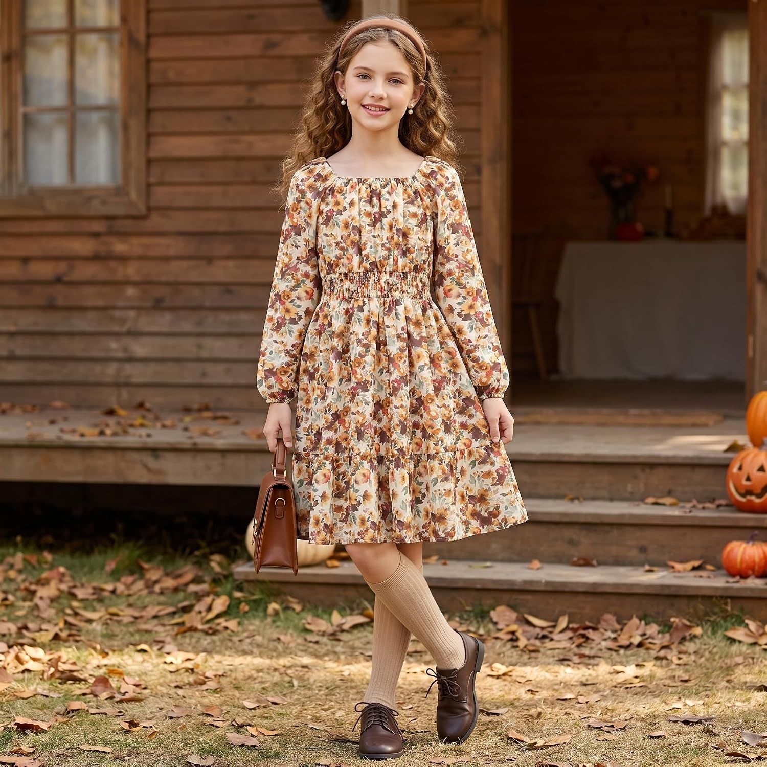 image:imageGRACE KARIN Girls Fall Dress Floral Long Sleeve Midi Smocked Waist HolidayBurnt Orange Floral