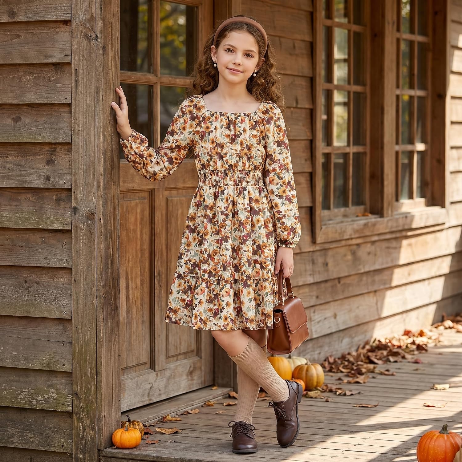 image:imageGRACE KARIN Girls Fall Dress Floral Long Sleeve Midi Smocked Waist HolidayBurnt Orange Floral