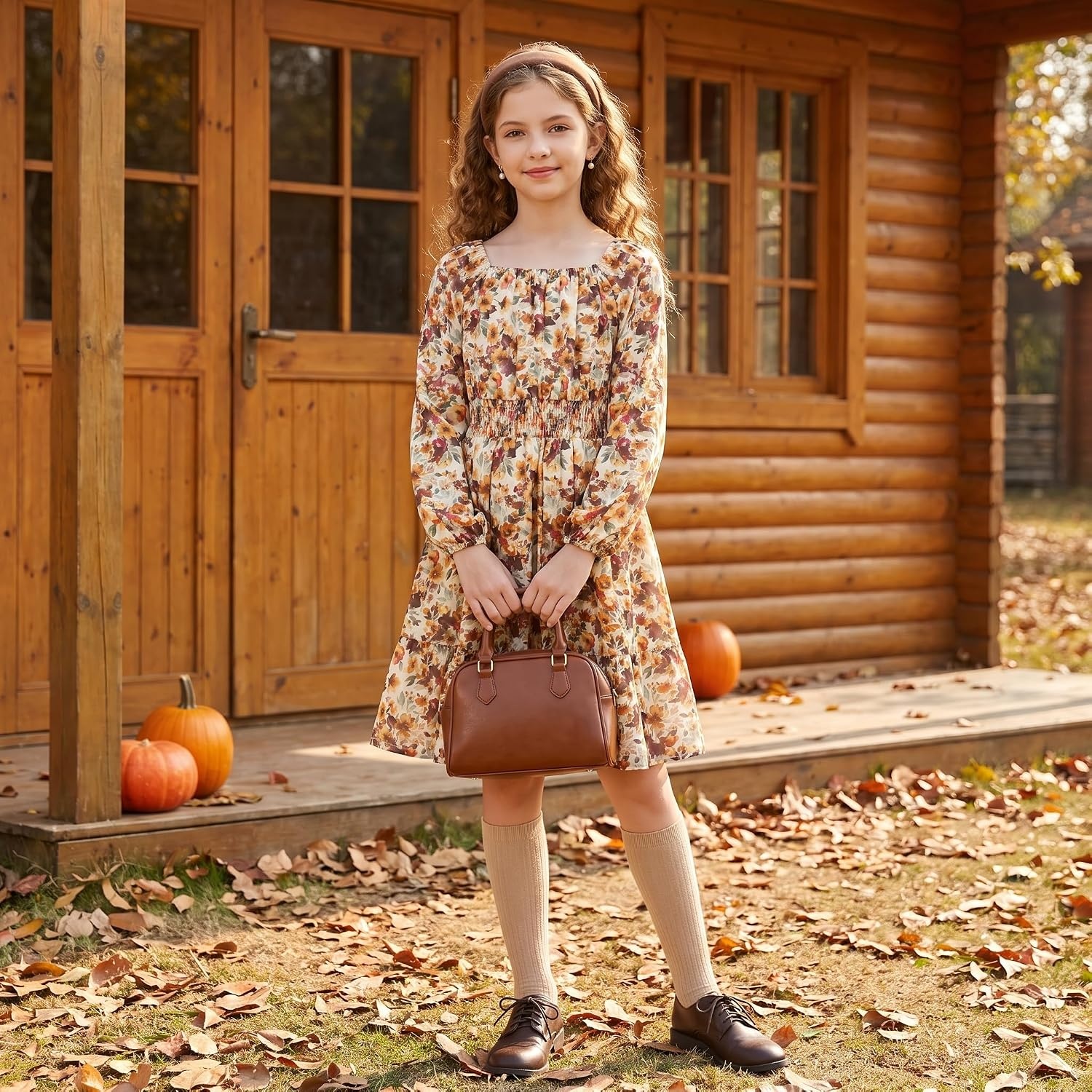 image:imageGRACE KARIN Girls Fall Dress Floral Long Sleeve Midi Smocked Waist HolidayBurnt Orange Floral