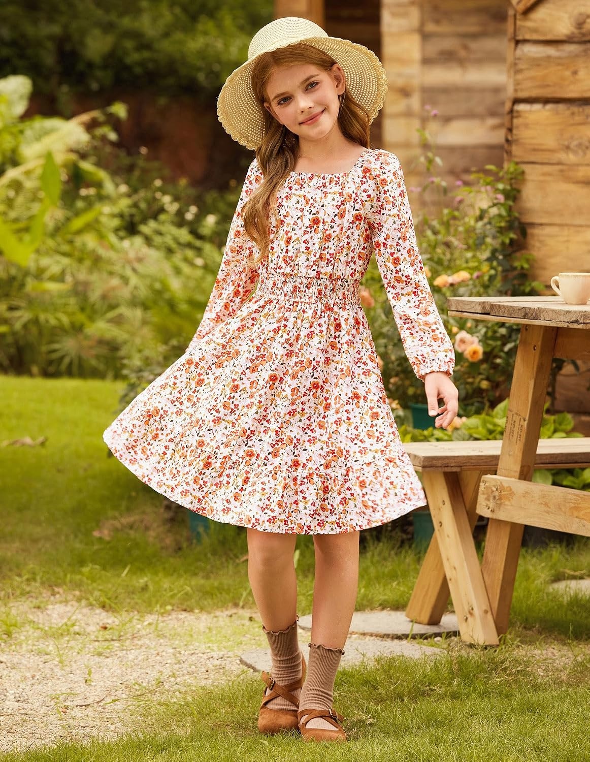 image:imageGRACE KARIN Girls Fall Dress Floral Long Sleeve Midi Smocked Waist HolidayBurnt Orange Flower