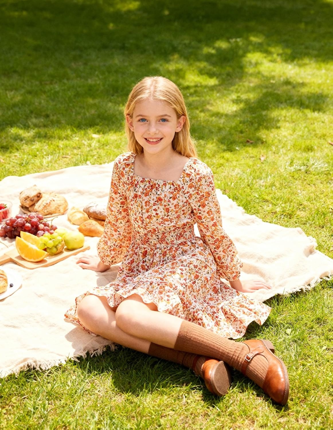 image:imageGRACE KARIN Girls Fall Dress Floral Long Sleeve Midi Smocked Waist HolidayBurnt Orange Flower