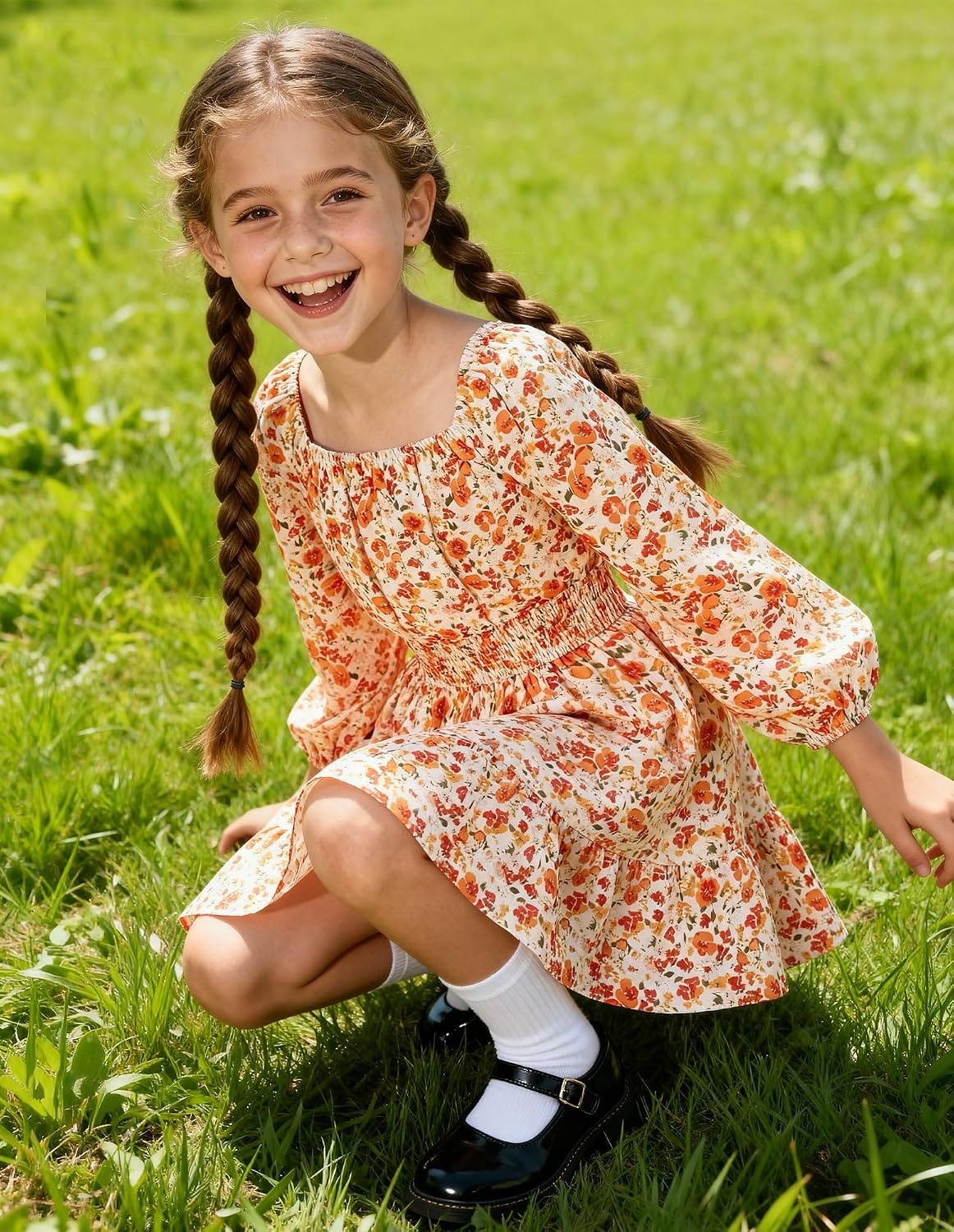 image:imageGRACE KARIN Girls Fall Dress Floral Long Sleeve Midi Smocked Waist HolidayBurnt Orange Flower