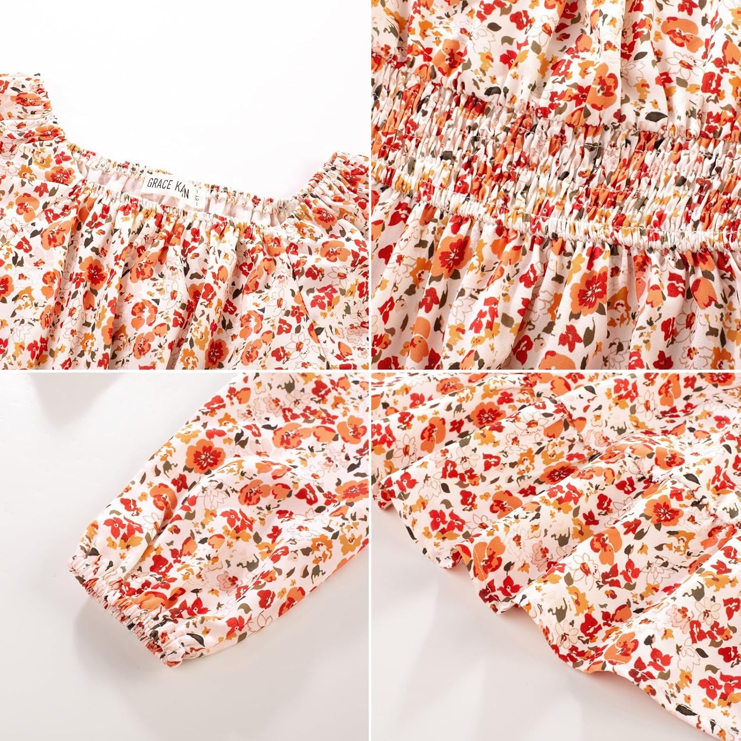 image:imageGRACE KARIN Girls Fall Dress Floral Long Sleeve Midi Smocked Waist HolidayBurnt Orange Flower