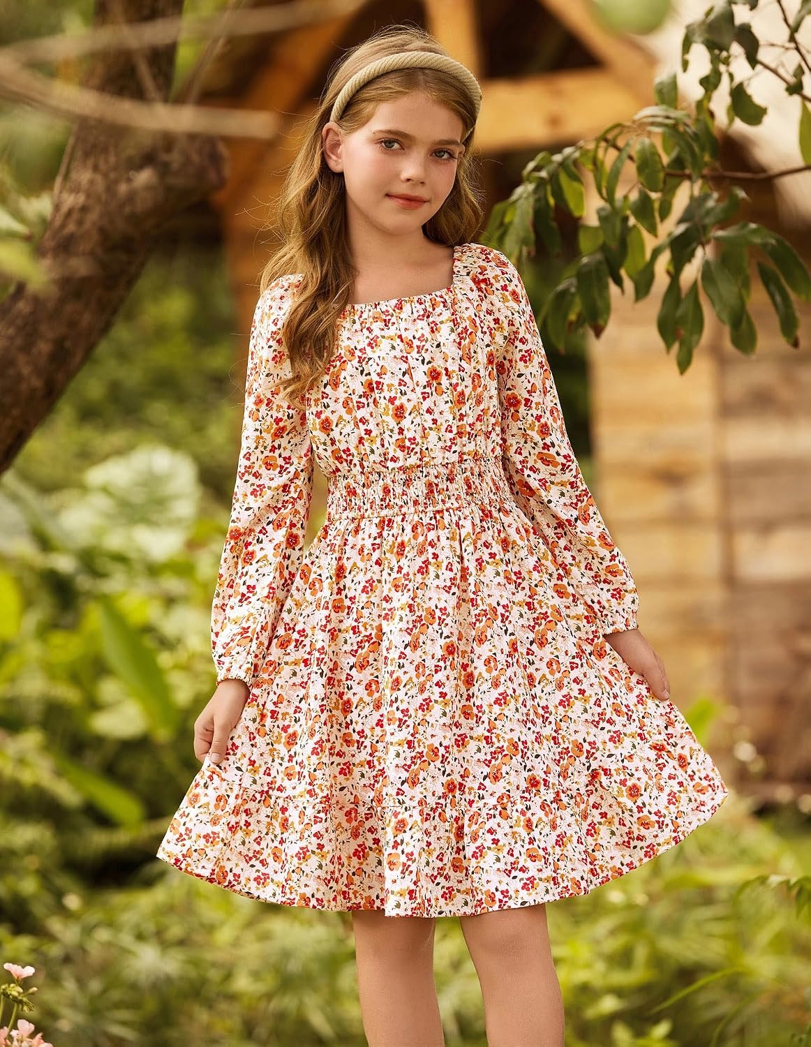 image:imageGRACE KARIN Girls Fall Dress Floral Long Sleeve Midi Smocked Waist HolidayBurnt Orange Flower