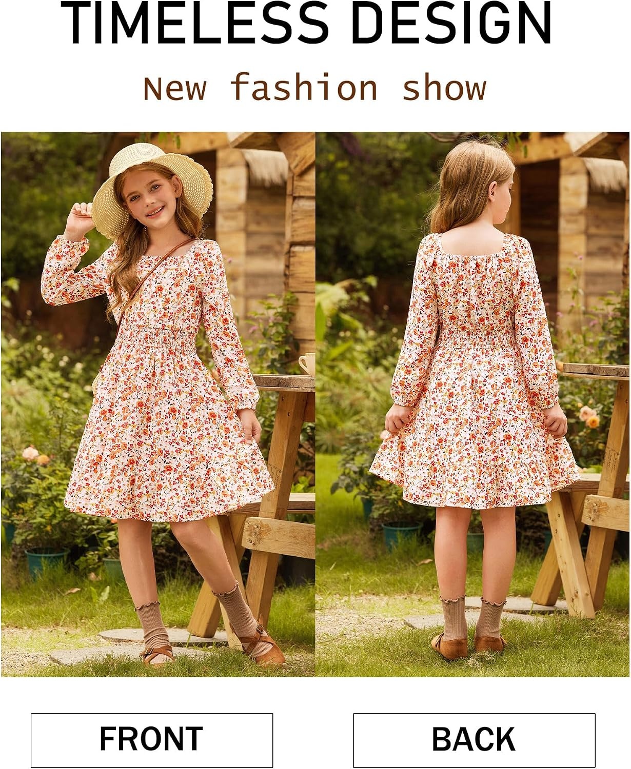 image:imageGRACE KARIN Girls Fall Dress Floral Long Sleeve Midi Smocked Waist HolidayBurnt Orange Flower
