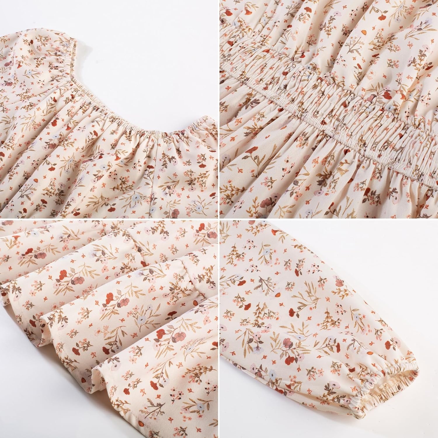 image:imageGRACE KARIN Girls Fall Dress Floral Long Sleeve Midi Smocked Waist HolidayCream