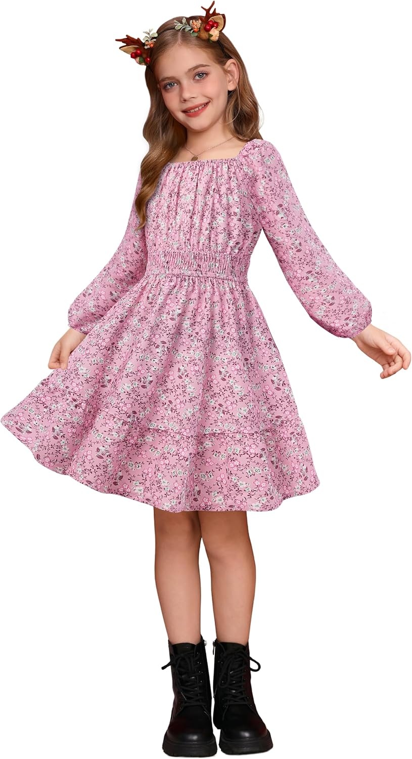 image:imageGRACE KARIN Girls Fall Dress Floral Long Sleeve Midi Smocked Waist HolidayDusty Rose