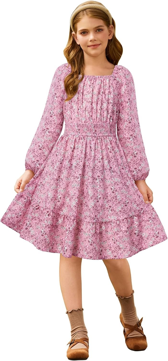 image:imageGRACE KARIN Girls Fall Dress Floral Long Sleeve Midi Smocked Waist HolidayDusty Rose