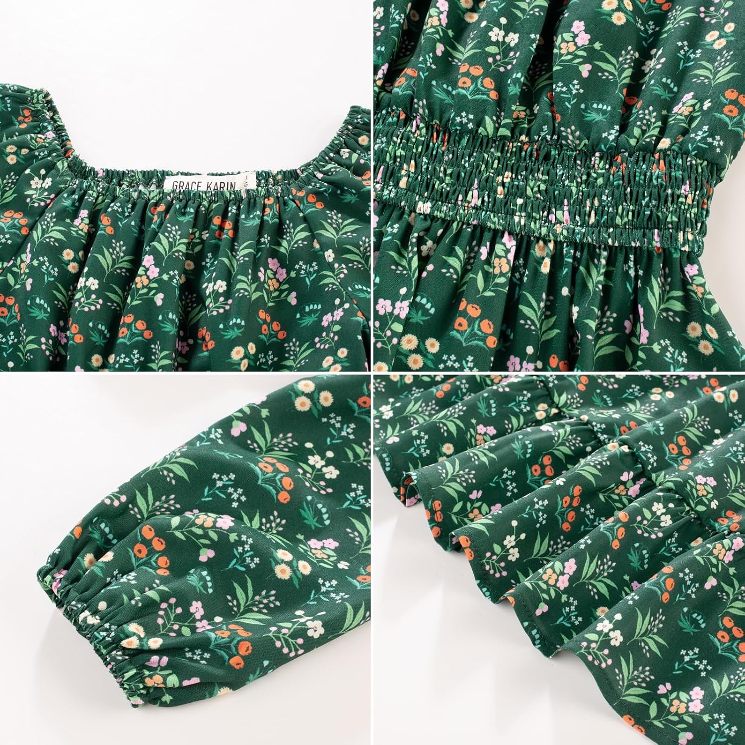 image:imageGRACE KARIN Girls Fall Dress Floral Long Sleeve Midi Smocked Waist HolidayGreen Flower