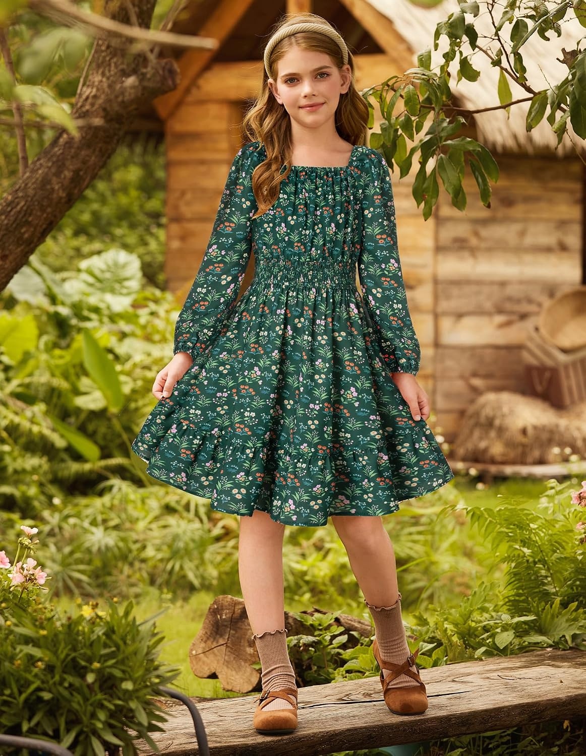 image:imageGRACE KARIN Girls Fall Dress Floral Long Sleeve Midi Smocked Waist HolidayGreen Flower