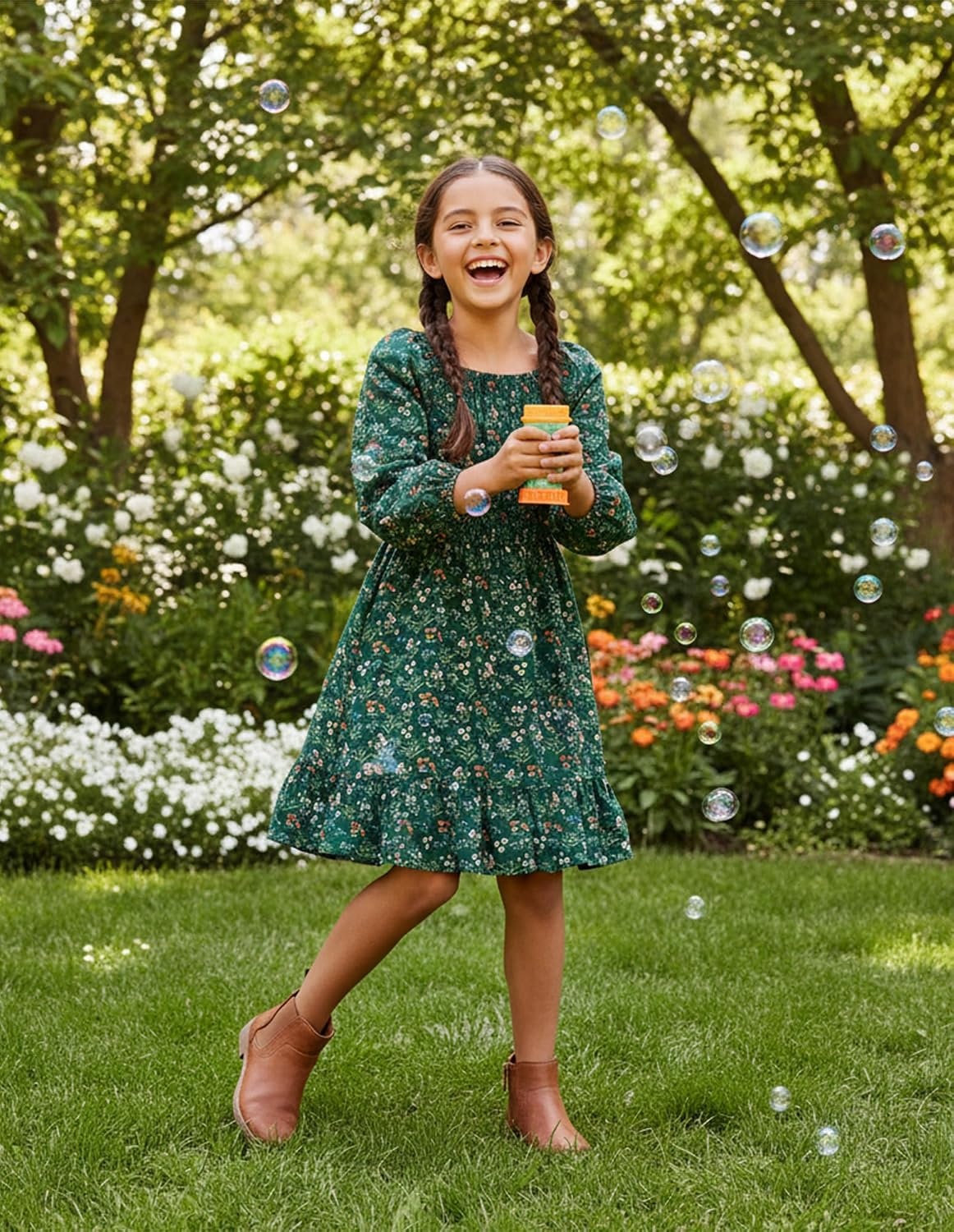 image:imageGRACE KARIN Girls Fall Dress Floral Long Sleeve Midi Smocked Waist HolidayGreen Flower