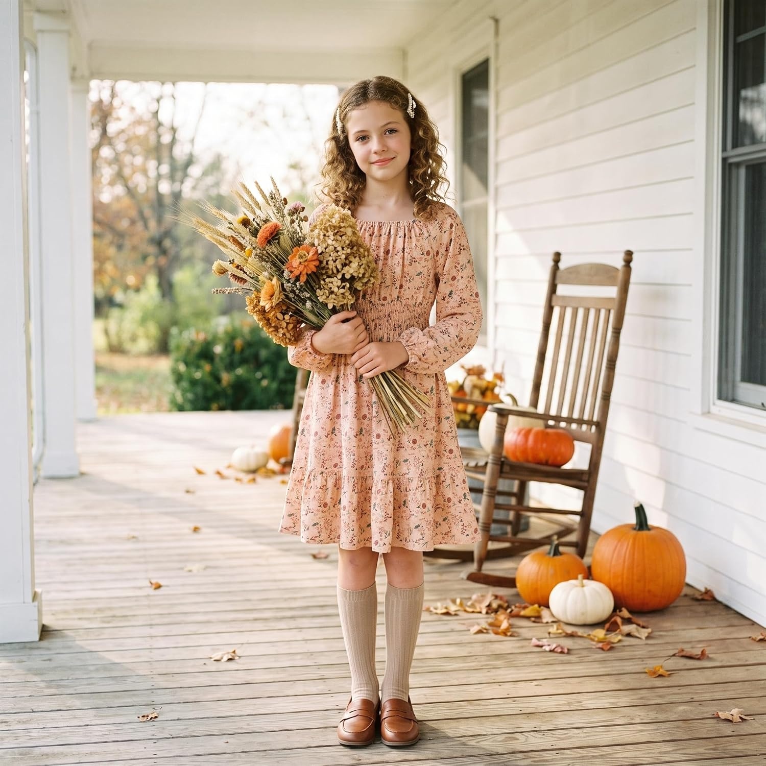 image:imageGRACE KARIN Girls Fall Dress Floral Long Sleeve Midi Smocked Waist HolidayGrey Burnt Orange Floral
