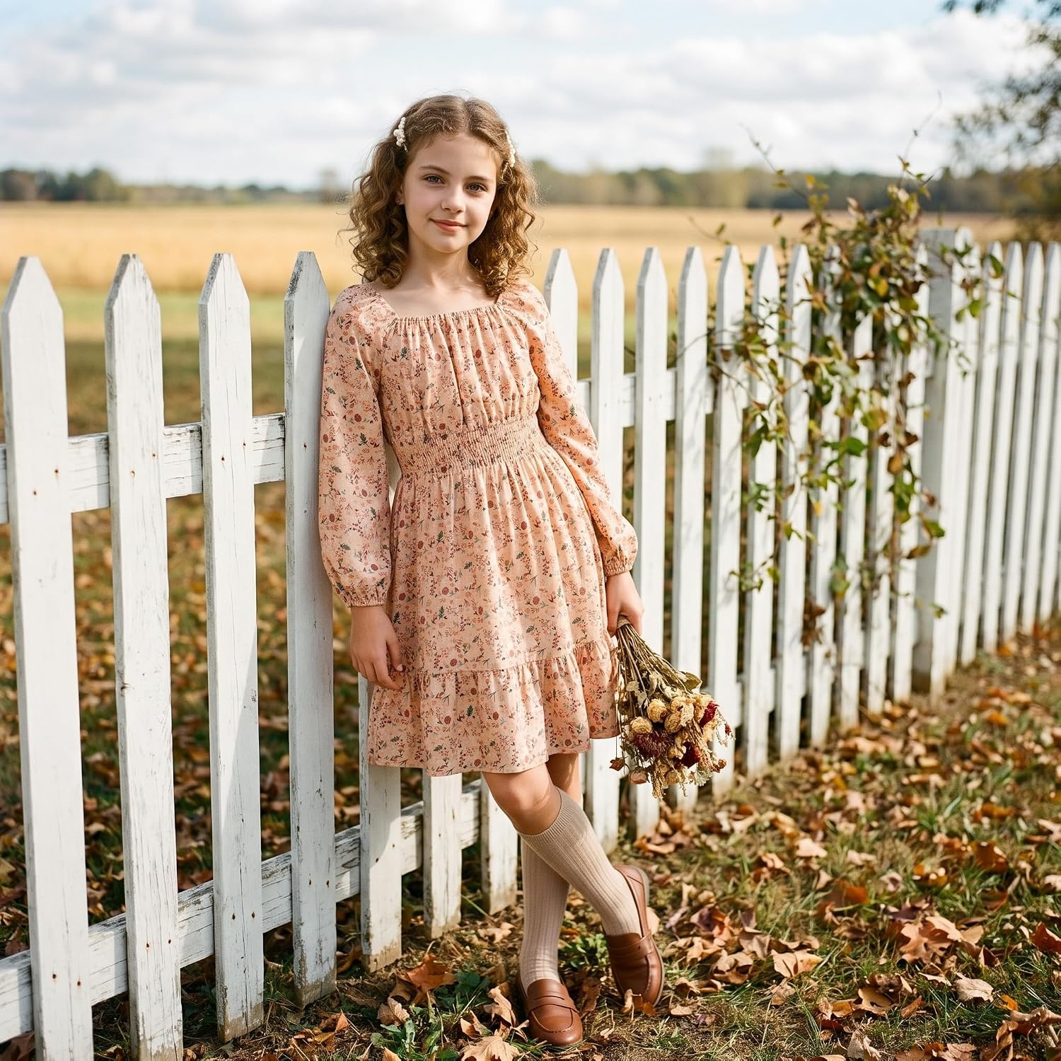 image:imageGRACE KARIN Girls Fall Dress Floral Long Sleeve Midi Smocked Waist HolidayGrey Burnt Orange Floral