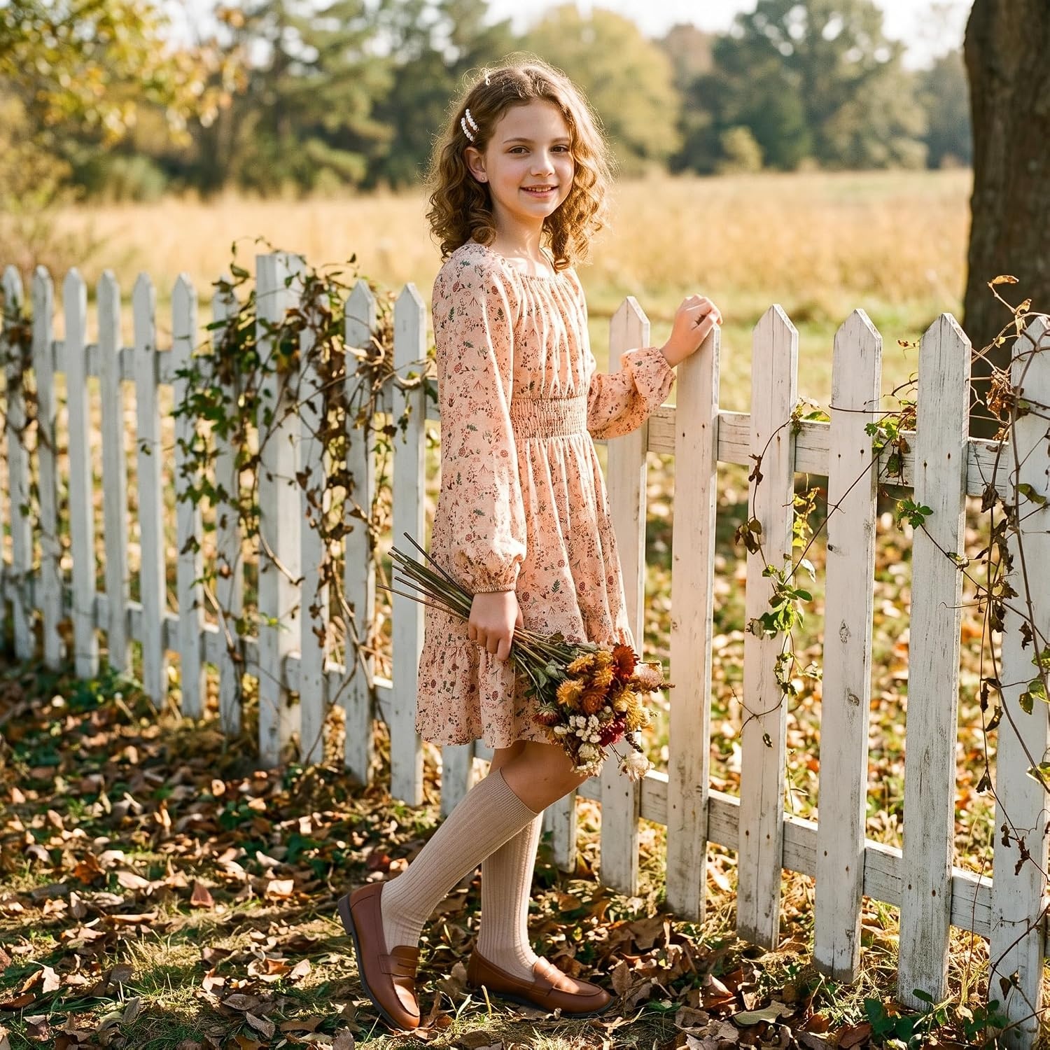 image:imageGRACE KARIN Girls Fall Dress Floral Long Sleeve Midi Smocked Waist HolidayGrey Burnt Orange Floral