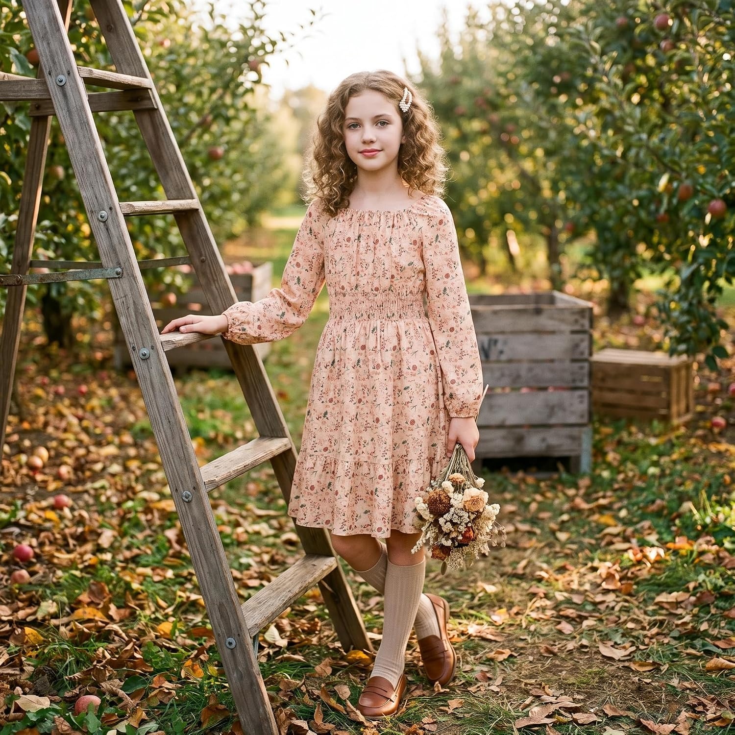 image:imageGRACE KARIN Girls Fall Dress Floral Long Sleeve Midi Smocked Waist HolidayGrey Burnt Orange Floral