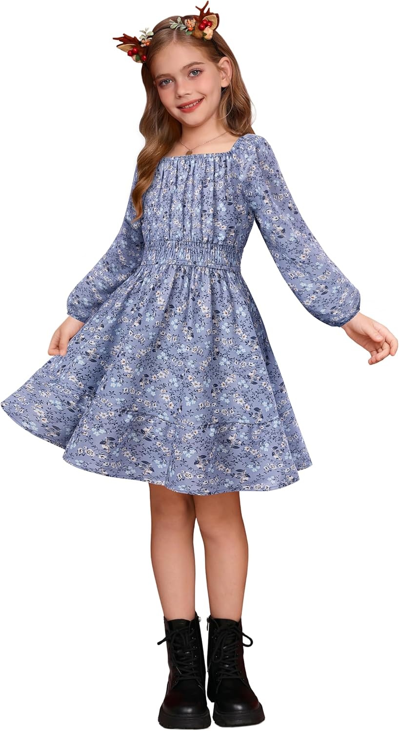 image:imageGRACE KARIN Girls Fall Dress Floral Long Sleeve Midi Smocked Waist HolidayMidnight Bloom
