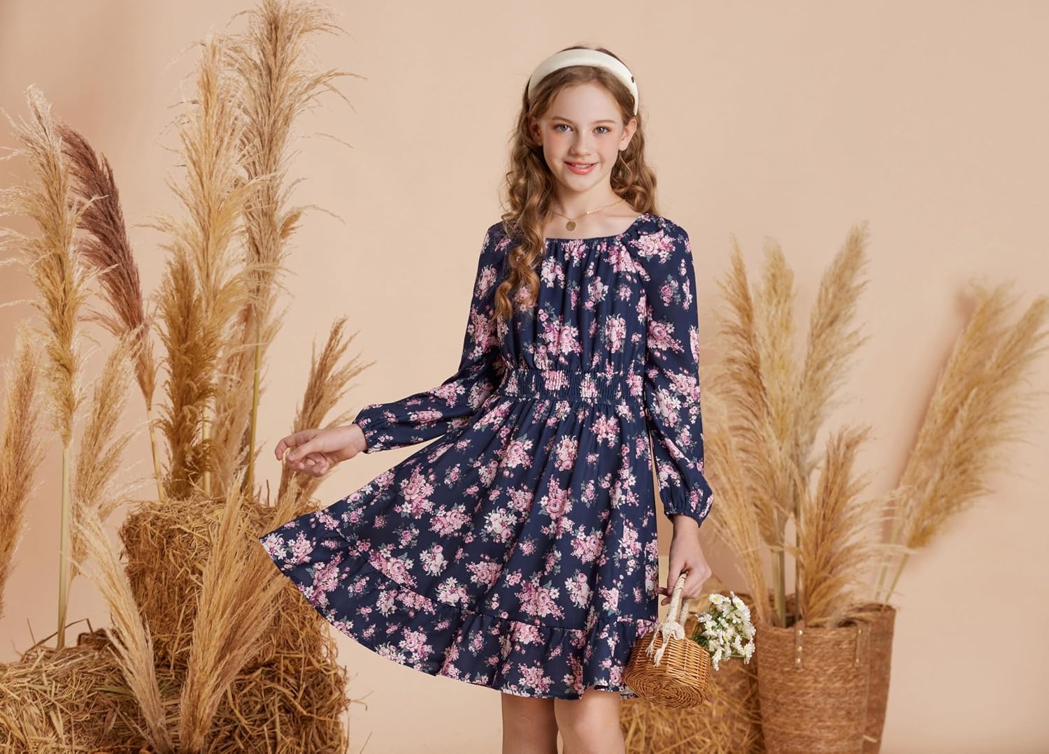 image:imageGRACE KARIN Girls Fall Dress Floral Long Sleeve Midi Smocked Waist HolidayNavy Blue Flower
