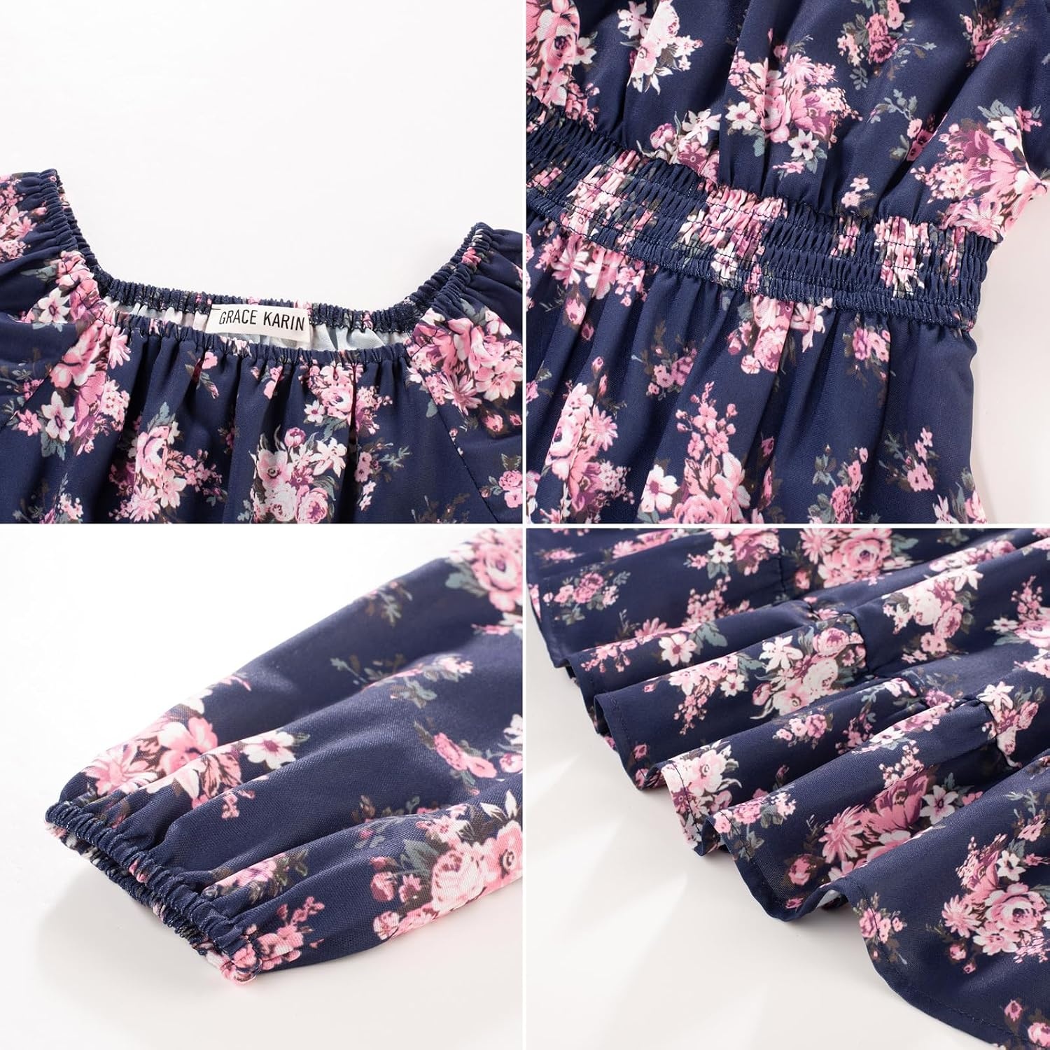 image:imageGRACE KARIN Girls Fall Dress Floral Long Sleeve Midi Smocked Waist HolidayNavy Blue Flower