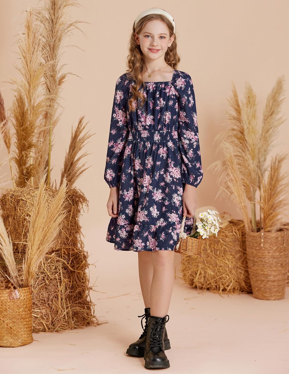 image:imageGRACE KARIN Girls Fall Dress Floral Long Sleeve Midi Smocked Waist HolidayNavy Blue Flower