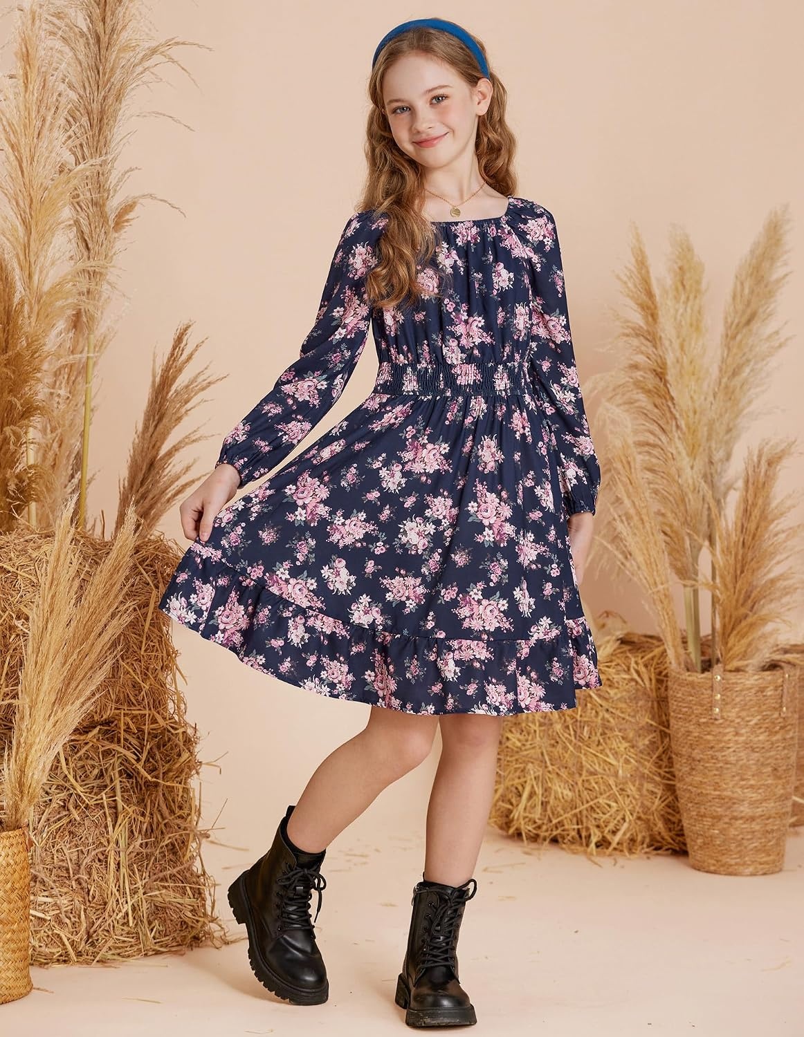 image:imageGRACE KARIN Girls Fall Dress Floral Long Sleeve Midi Smocked Waist HolidayNavy Blue Flower