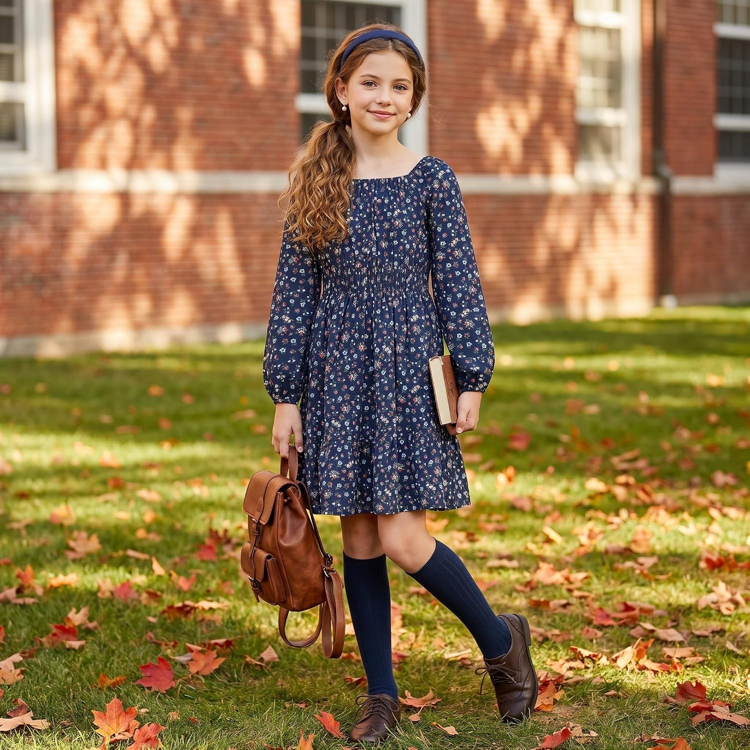 image:imageGRACE KARIN Girls Fall Dress Floral Long Sleeve Midi Smocked Waist HolidayNavy Ditsy Floral